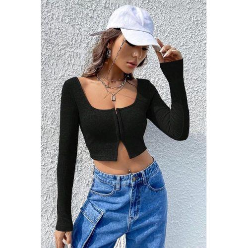Kadın Siyah Uzun Kollu Agraflı Göğüs Ve Göbek Dekolteli Crop Top Bluz