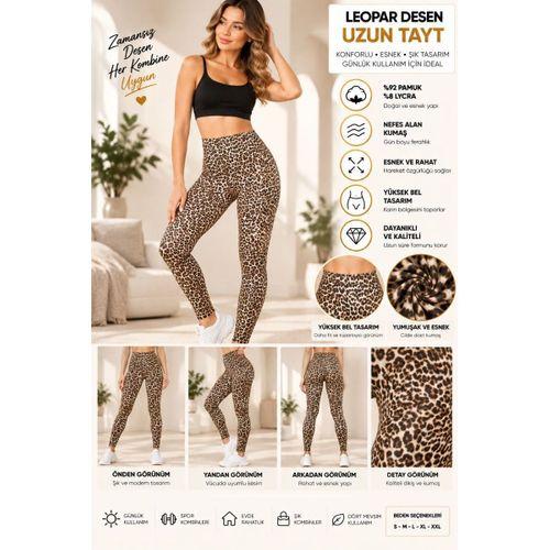 Kadın Leopar Desenli Yüksek Bel Uzun Tayt – %92 Pamuk %8 Lycra, Esnek Kumaş - ryl - 3005