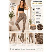 Kadın Leopar Desenli Yüksek Bel Uzun Tayt – %92 Pamuk %8 Lycra, Esnek Kumaş - ryl - 3005