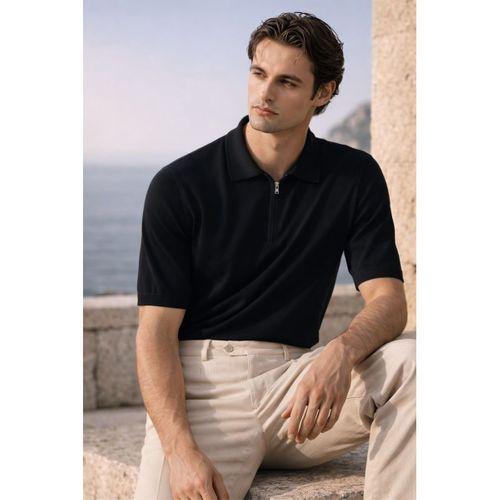 Linus Fermuarlı Polo Yaka Kısa Kollu İnce Triko Erkek T-Shirt - Siyah