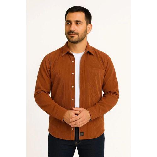Erkek Fitilli Kadife Cepli Gömlek Oversize Rahat Kalıp - Kahverengi