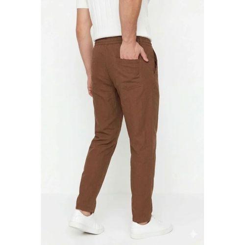 Erkek Keten Cepli Pantolon Lastikli Bel Bağcıklı Önden Fermuarlı - Kahverengi