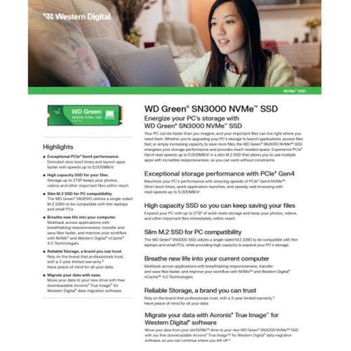 WD Green SN3000, WDS100T4G0E, 1TB, 5000/4200, Gen4, NVMe PCIe M.2 2280, SSD