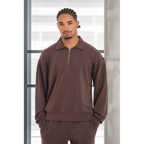 Scuba Modal Kumaş Relaxed Fit Yarım Fermuarlı Polo Yaka Erkek Sweatshirt - Kahve