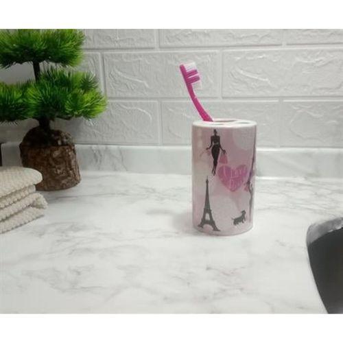 2 Adet Seramik Diş Fırçalık Kızlı Paris Desenli 7X7X11Cm Banyo Seti