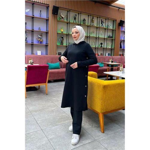 Kapşonlu Yandat Çıtçıtlı Sade Basic Uzun Tunik ve Pantolon İkili Spor Takım - 03071.003 - Siyah