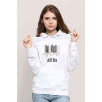 International Jazz Day Piano Button Baskılı Beyaz Kadın Kapşonlu Sweatshirt