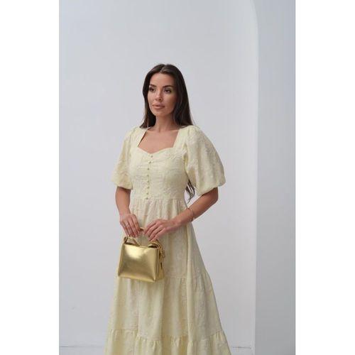 Sarı Süs Düğmeli Balon Kollu Elbise