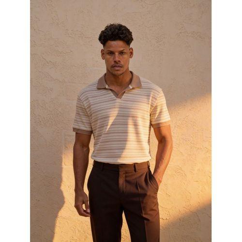 Gert Relaxed Fit Çizgili Pike Kumaş V Pat Polo Yaka T-Shirt - Bej