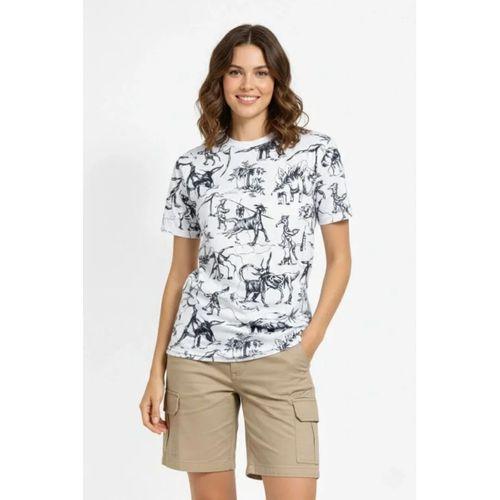 Beyaz Dinozor Desenli Tişört – Regular Kalıp, Bisiklet Yaka, Dijital Baskılı Pamuklu T-Shirt - Beyaz