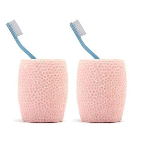 2 Adet Diş Fırçalık,Macunluk Pembe Petek Desenli Poliresin 8X8X10Cm 400Ml Banyo Seti