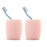 2 Adet Diş Fırçalık,Macunluk Pembe Petek Desenli Poliresin 8X8X10Cm 400Ml Banyo Seti