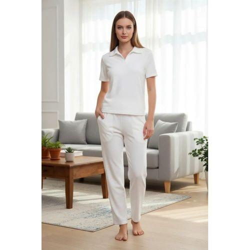 Özel Tasarım Kadın Beyaz Polo Yaka Pijama Takımı %100 Pamuk