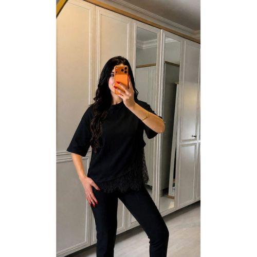 Kadın Kısa Kollu Bisiklet Yakalı Dantel Detaylı Viskon Iki Iplik Bluz
