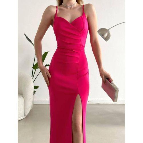 Kadın Dalgıç Kumaş Askılı Yırtmaç Detaylı V Yaka Maxi Boy Elbise