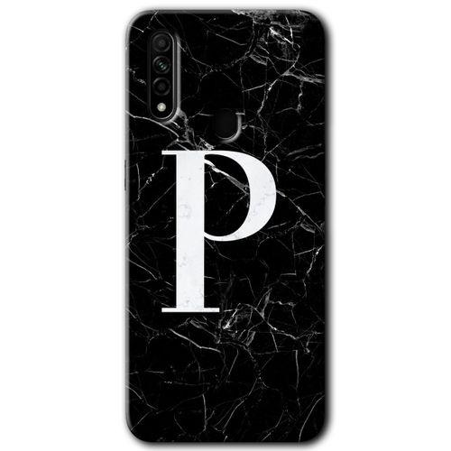 Oppo A31 Kılıf HD Desen Baskılı Arka Kapak - Siyah Mermer Desenli P Harfi + Kırılmaz Cam