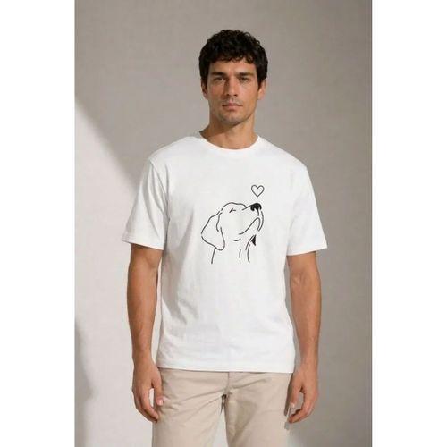 Erkek Köpek Figürlü Minimal Baskılı Tişört Kısa Kol Yazlık T-Shirt - Beyaz