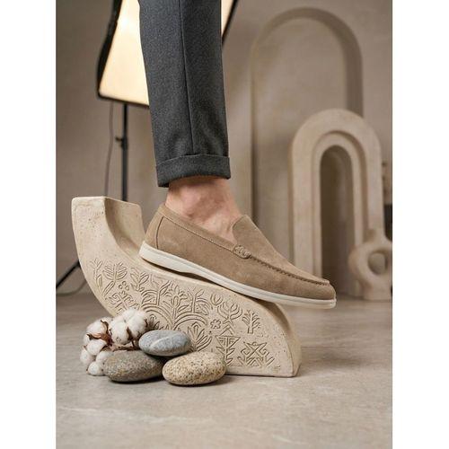 BA0252 %100 İçi Dışı Hakiki Deri Erkek Krem Süet Casual Loafer Termo Taban Ayakkabı