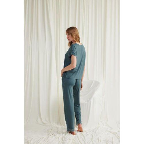 Kısa Kollu V Yakalı Dantelli Pijama Takımı
