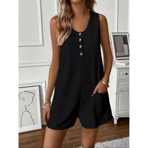 Kadın Omuz Askılı önden Düğmeli Waffle Kısa Tulum