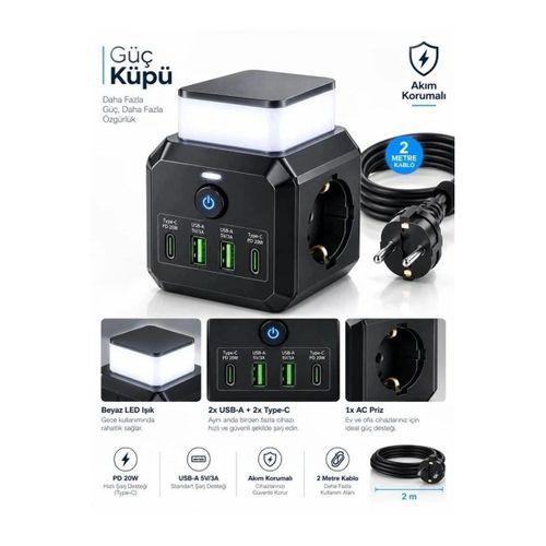 Akım Korumalı 3’lü Priz 2200w 1050j 10a Gece Lambalı 2 Usb 2 Type-c Şarj Girişli Bsp-4