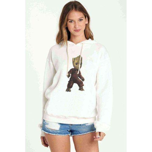 Groot Baskılı Beyaz Kadın Kapşonlu Sweatshirt