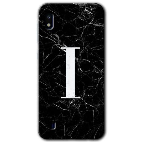 Samsung Galaxy A10 Kılıf Baskılı Kapak - Siyah Mermer Desenli I Harfi + 5D Tam Kaplayan Cam