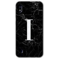 Samsung Galaxy A10 Kılıf Baskılı Kapak - Siyah Mermer Desenli I Harfi + 5D Tam Kaplayan Cam