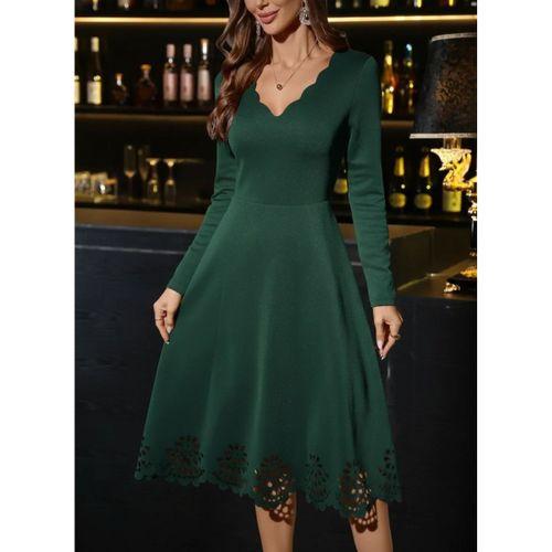 Kadın Uzun Kollu V Yakalı Lazer Kesim Detaylı Midi Ithal Krep Elbise