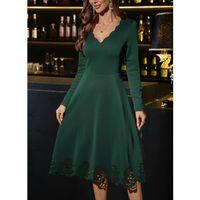 Kadın Uzun Kollu V Yakalı Lazer Kesim Detaylı Midi Ithal Krep Elbise