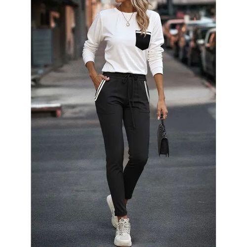 Kadın Uzun Kollu Bisiklet Yaka Cepli Viskon Iki Iplik Bluz Ve Pantolon Ikili Takım