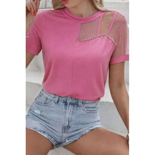 Kadın Kısa Kollu Tül Detaylı Taşlı Janjan Krep Bluz