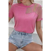 Kadın Kısa Kollu Tül Detaylı Taşlı Janjan Krep Bluz