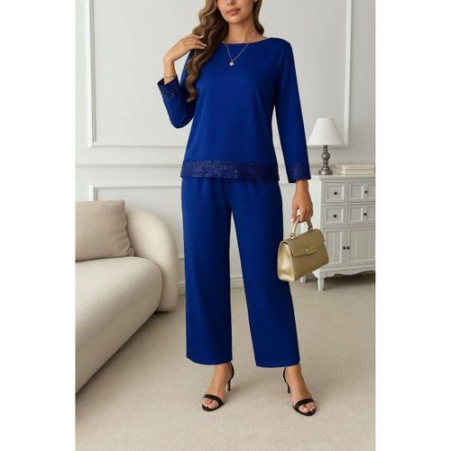 Kadın Uzun Kollu Bisiklet Yaka Pulpayetli Viskon Iki Iplik Bluz Ve Pantolon Ikili Takım