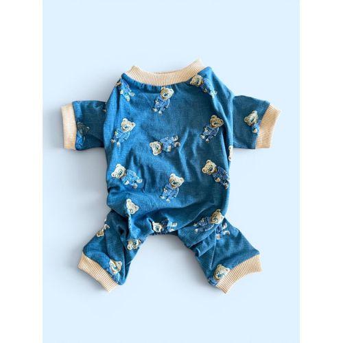 Teddy Blues Penye Köpek Tulumu | Ayıcık Desenli Köpek Pijaması | Küçük Irklar İçin