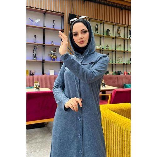 Kapşonlu Düğmeli Sade Basic Uzun Tunik ve Pantolon İkili Spor Takım - 03072.006 - İndigo