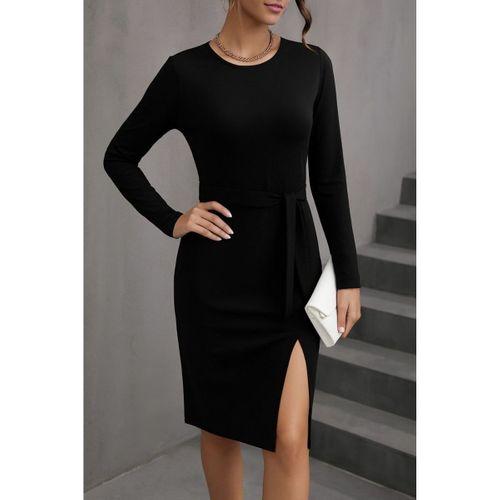 Kadın Uzun Kollu Bisiklet Yaka Kuşaklı Kruvaze Yırtmaç Detay Viskon Elbise