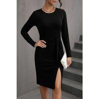 Kadın Uzun Kollu Bisiklet Yaka Kuşaklı Kruvaze Yırtmaç Detay Viskon Elbise