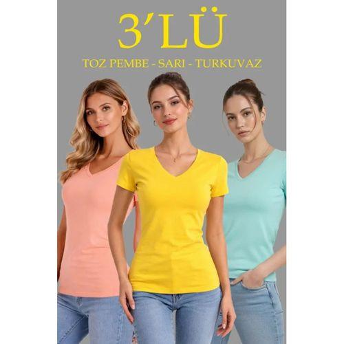 3lü V Yaka Tişört – Kısa Kollu Yazlık Slim Fit Body - Toz Pembe, Sarı, Turkuvaz
