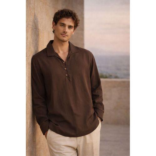 Baldwin Apaş Yaka Britli 3 Düğmeli İnce Modal Kumaş Oversize Uzun Kollu Yazlık Erkek Gömlek - Kahve