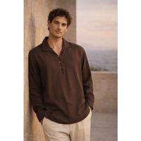 Baldwin Apaş Yaka Britli 3 Düğmeli İnce Modal Kumaş Oversize Uzun Kollu Yazlık Erkek Gömlek - Kahve