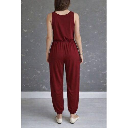 Kadın Askılı Yuvarlak Yakalı Cepli Viskon Tulum