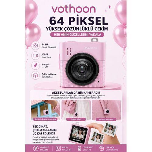 Mini Dijital Kamera 64mp 16x Digital Zoom Retro Vintage 1 4’’ekranlı Video Kamera Taşınabilir Tasarım Pembe