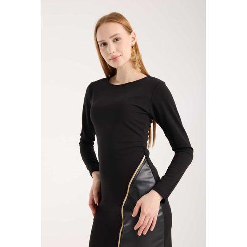 Kadın Bisiklet Yaka Uzun Kollu Deri Ve Fermuar Detay Mini Yırtmaçlı Elbise