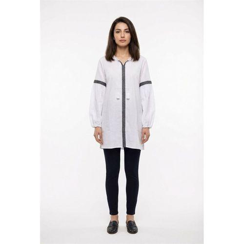 Uzun Kol Dicle Bağcıklı V Yaka Yazlık Şile Bezi Tunik Beyaz Byz