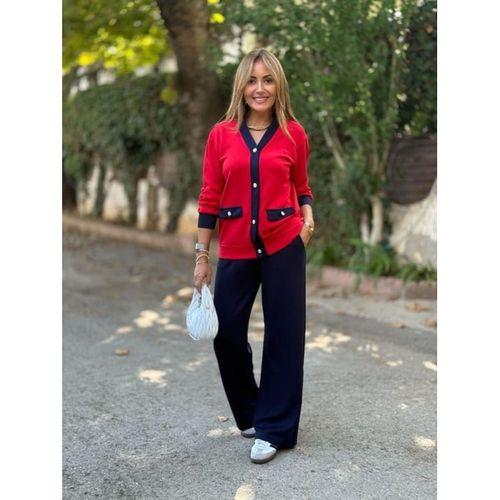 Kadın Uzun Kollu Ribanali Cep Detay Hırka Ve Bol Paça Pantolon Ikili Takım