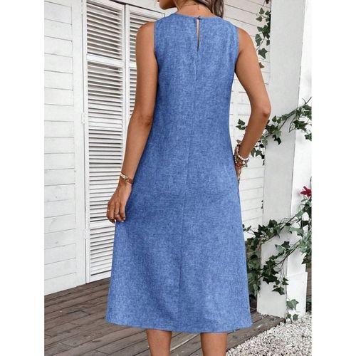 Kadın Kolsuz Bisiklet Yaka Cepli Midi Keten Elbise