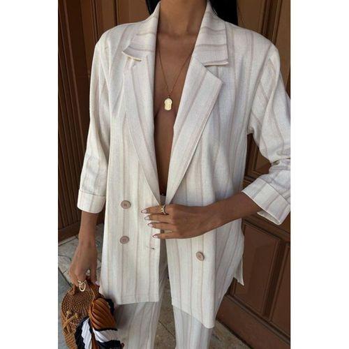 Blazer Ceketli Çizgili Keten Takım 10186