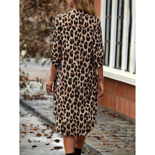 Kadın Uzun Kollu Yakalı önden Düğmeli Leopar Desenli Modal Midi Elbise