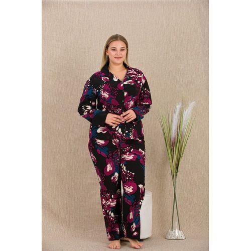 Büyük Beden Renkli Desenli Düğmeli Uzun Kol Viskon Pijama Takımı